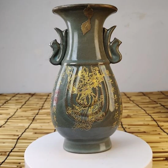 摆件陶汝窑描金包铜口老工艺