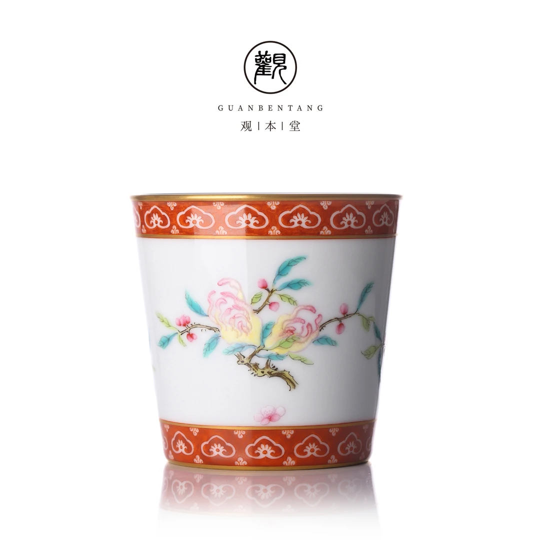 栖凤居手绘矾红如意边三多杯170ml陶瓷复古主人杯景德镇喝茶家用