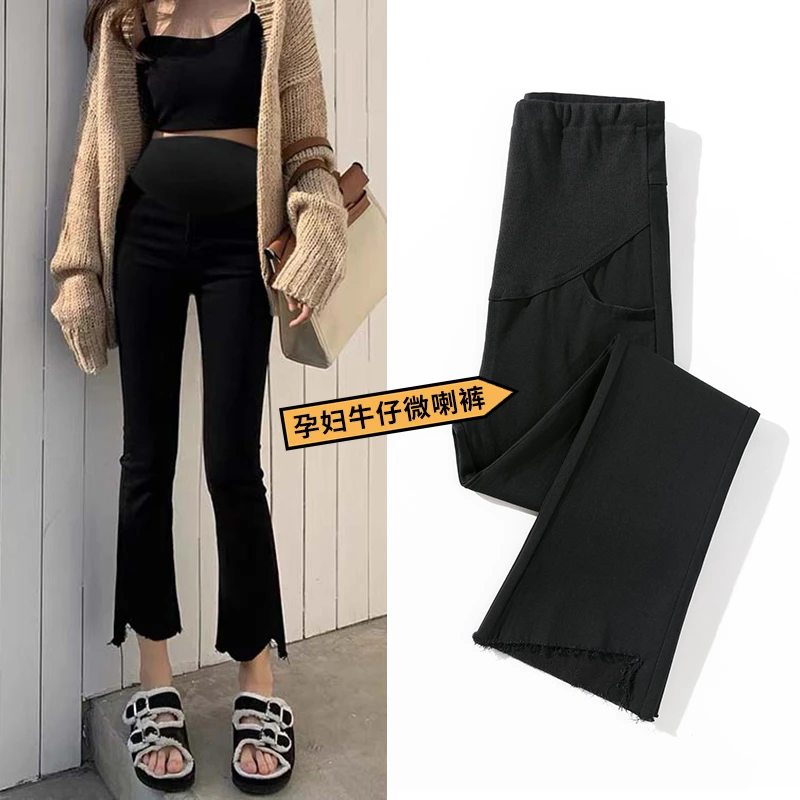 孕妇裤春装新款时尚高弹显瘦孕妇微喇裤小个子毛边九分裤小黑裤