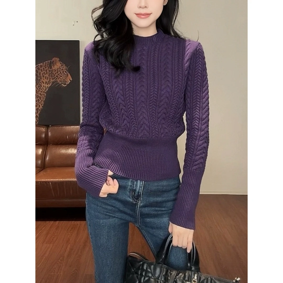 设计感紫色麻花毛衣女2025秋冬新款收腰显瘦上衣超好看内搭针织衫