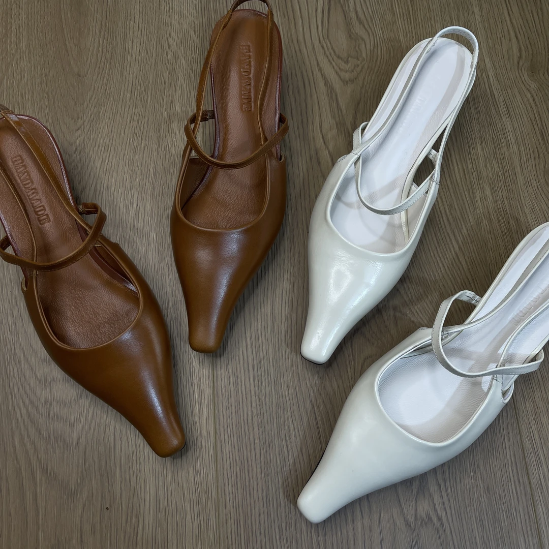 尖头包头凉鞋女带跟凉鞋包头 高跟一字凉鞋 尖头粗跟凉鞋浅口