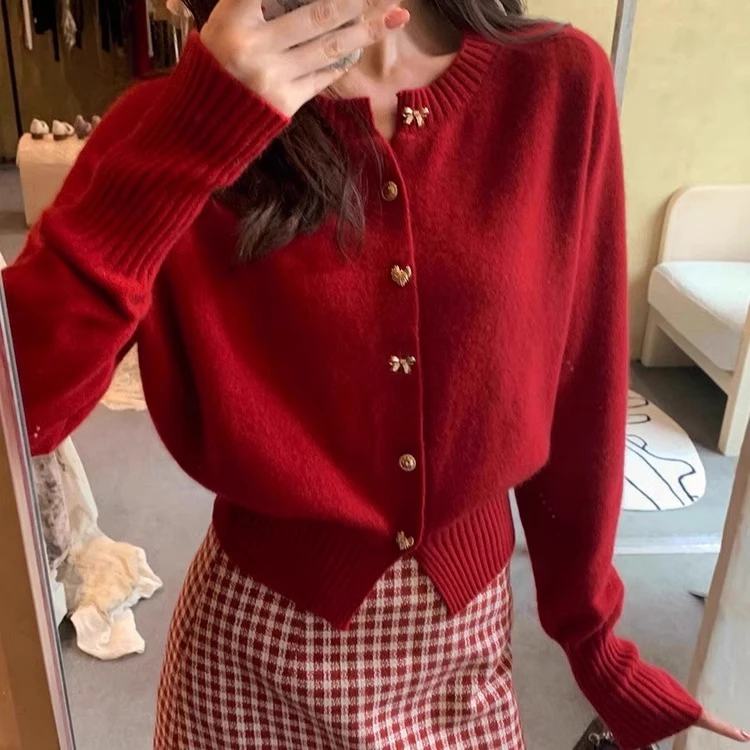 小香风红色针织开衫外套女早春穿搭圆领修身显瘦短款长袖chic上衣