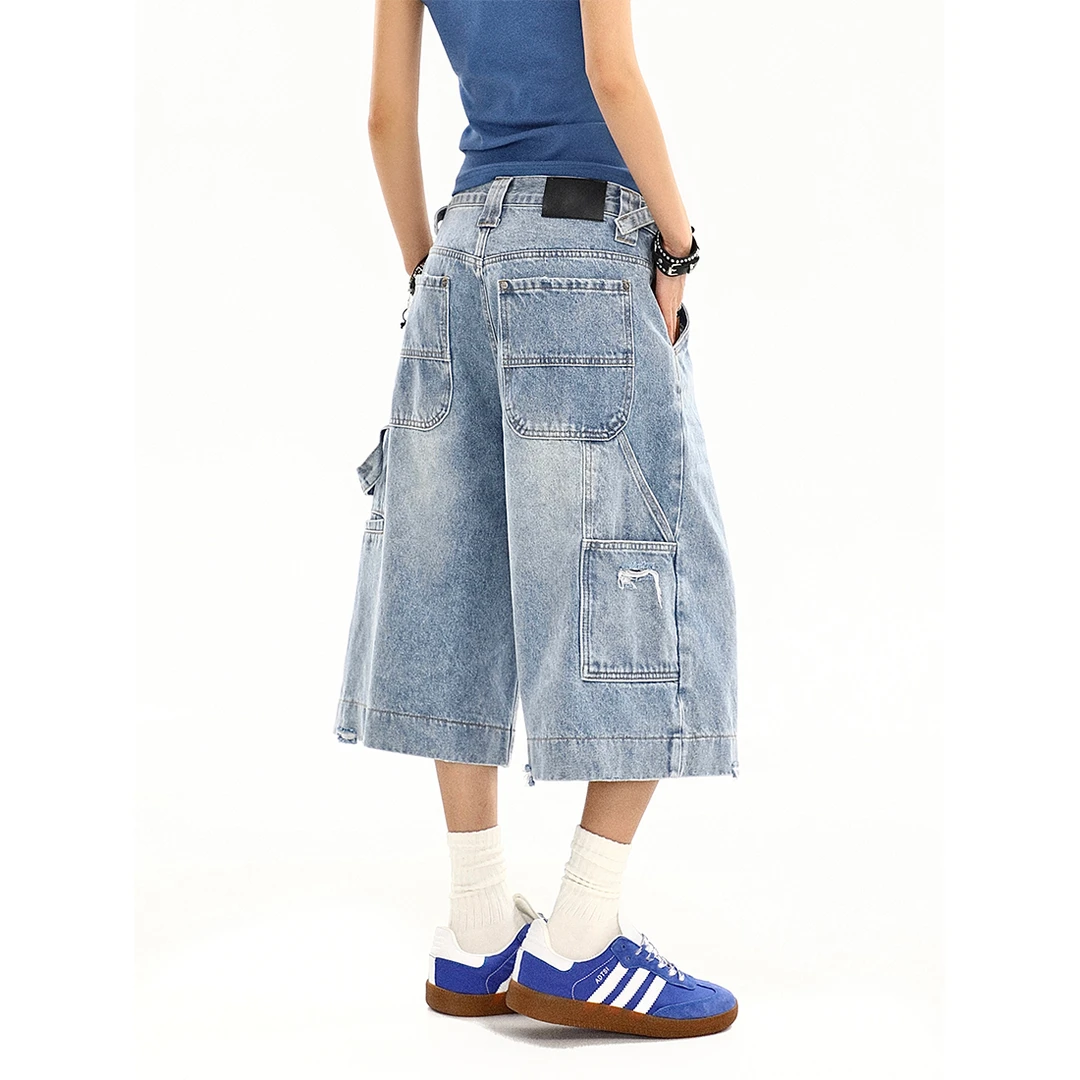 美式复古工装牛仔七分短裤女夏季新款设计感水洗做旧宽松阔腿中裤