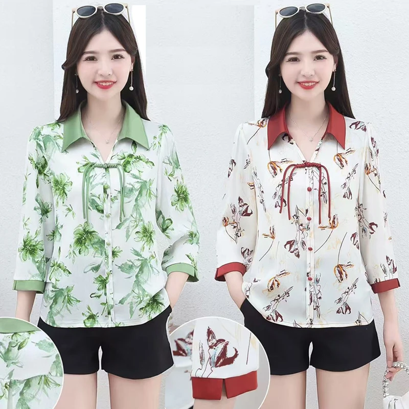 时尚洋气夏季妈妈装新中式七分袖翻领气质百搭印花小衫T恤上衣女