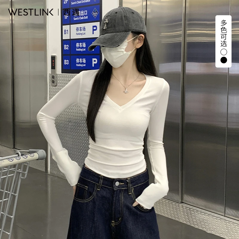 西遇修身打底衫女2025年秋季新款纯色显瘦v领内搭正肩长袖t恤