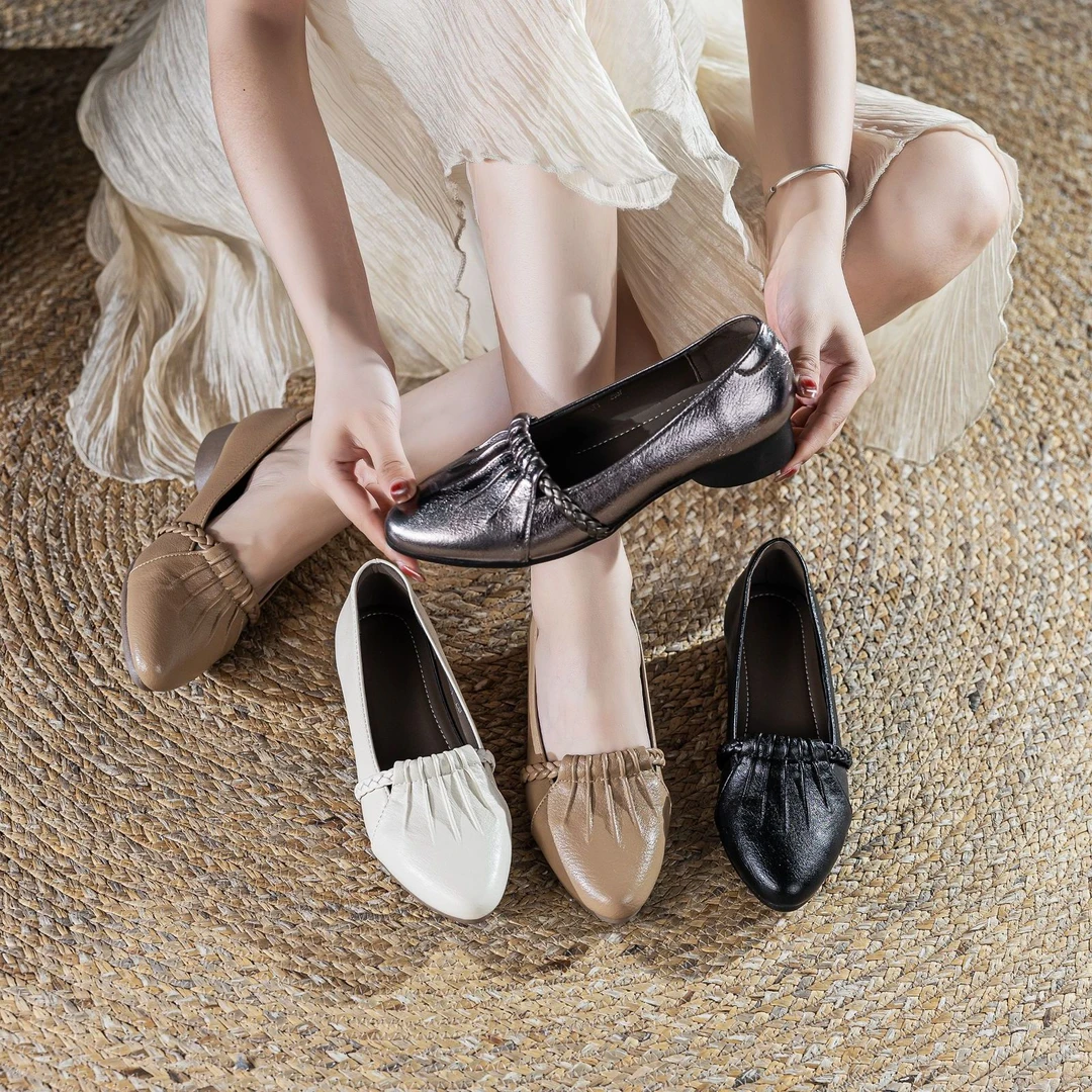 真皮低跟浅口夏季透气尖头单鞋休闲软底尖头女鞋百搭低跟
