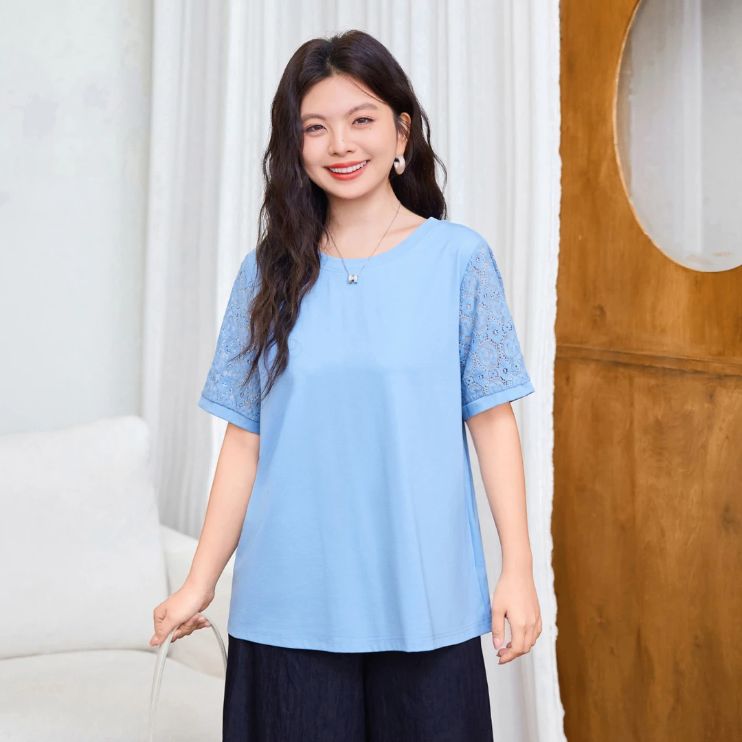 【提花蕾丝拼接短袖T恤】MsShe大码女装2025款夏装时尚气质A2507016