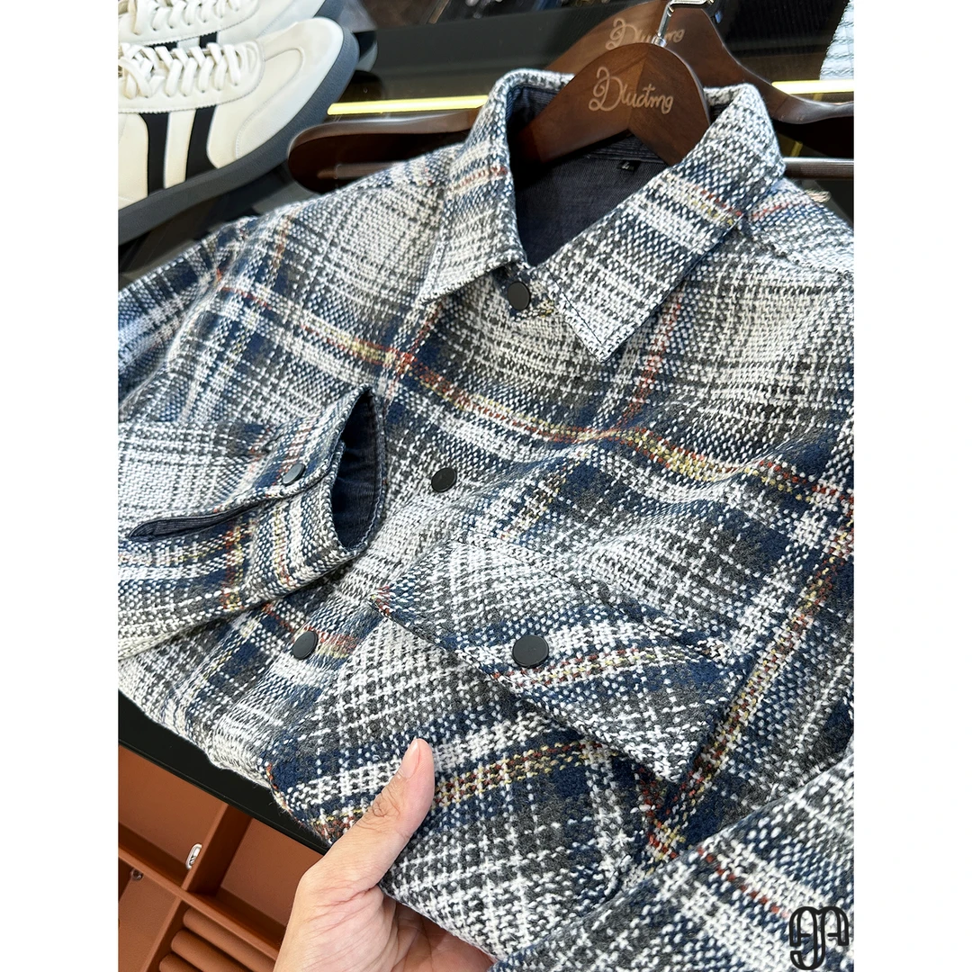 冬季暖物~毛呢保暖色织格子美式衬衫外套男方领宽松厚款2025新款