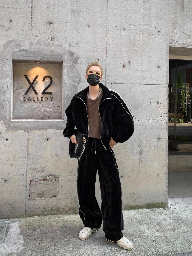 A1MP撞色条纹小众休闲运动套装男女春秋时髦设计感夹克外套情侣款