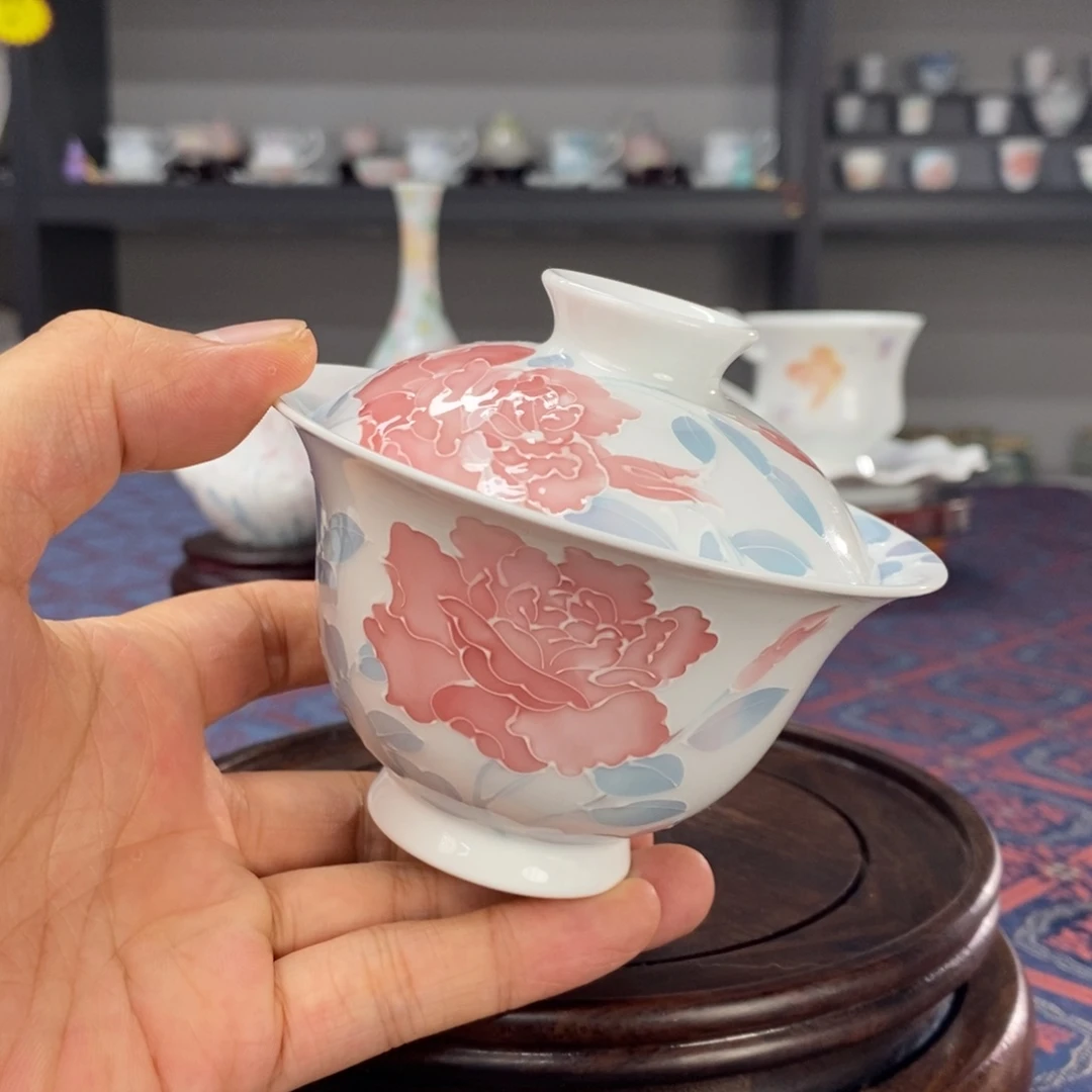 玫瑰花盖碗釉下手绘高温