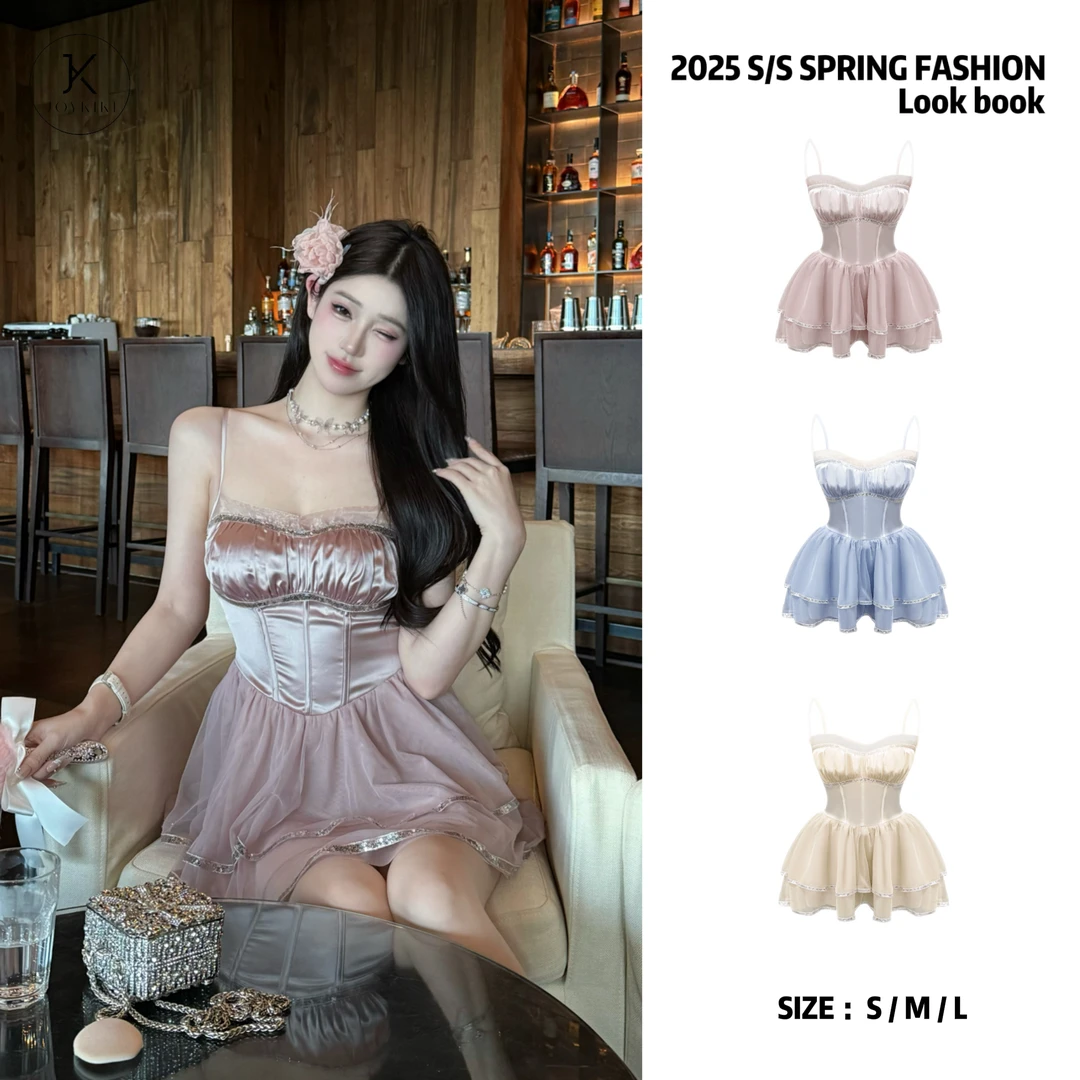 JOY KIKI金金【精灵出逃】油画色系渐变拼接网纱蓬蓬吊带裙J25A083