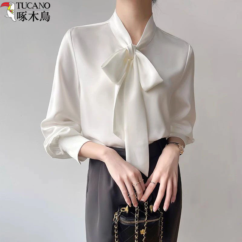 TUCANO/啄木鳥法式V领飘带衬衫女职业通勤缎面长袖气质蝴蝶结上衣
