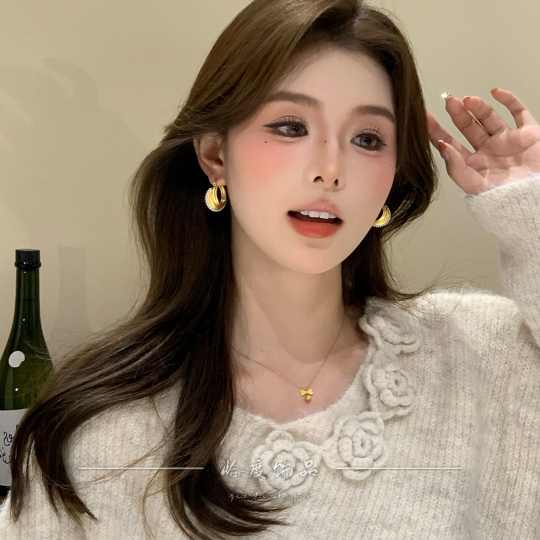 【恰度】法式轻奢金色扭扭小米珠珠耳扣