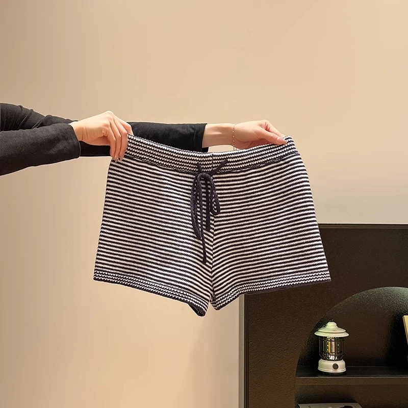 条纹外穿休闲运动裤女夏季透气修身显瘦高腰抽绳针织百搭个性短裤