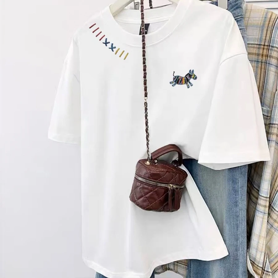 【万针刺绣】重磅纯棉休闲百搭圆领半袖T恤夏季宽松时尚短袖潮流ins