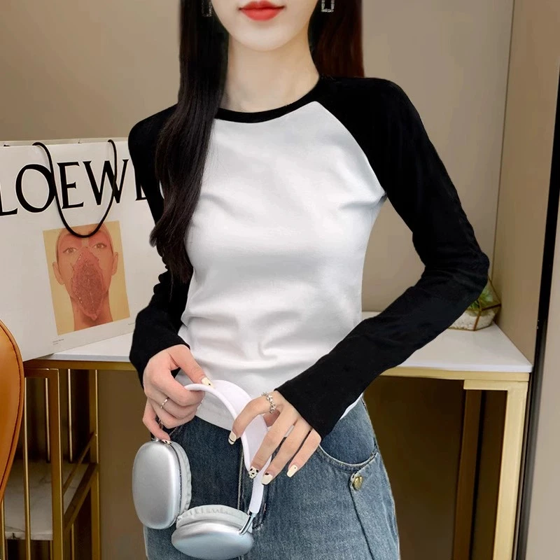 休闲百搭秋冬季新款设计感小众上衣T恤显瘦修身时尚插肩长袖女