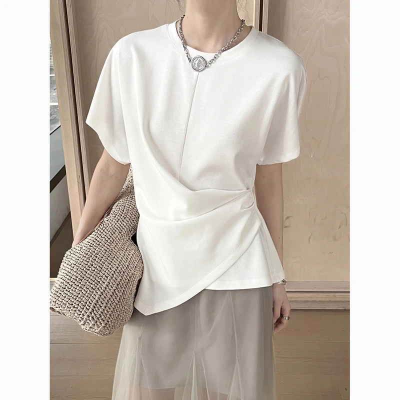 2025夏日不规则立裁收腰捏褶连肩袖空气层短袖T恤