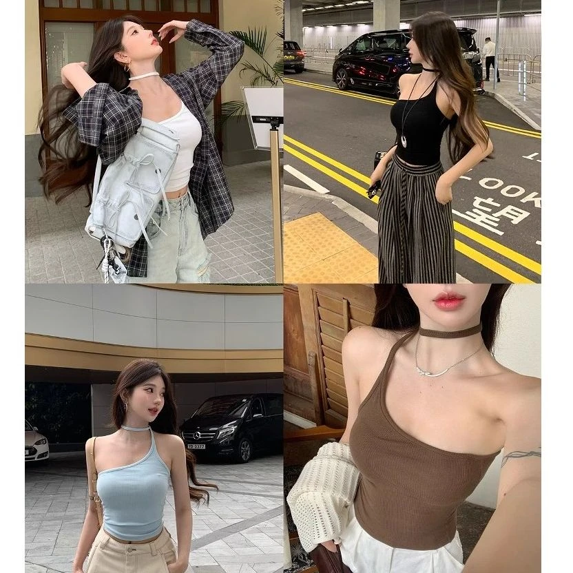 FBB limit小众个性不规则绕脖肩带吊带显瘦螺纹针织背心 D251026C