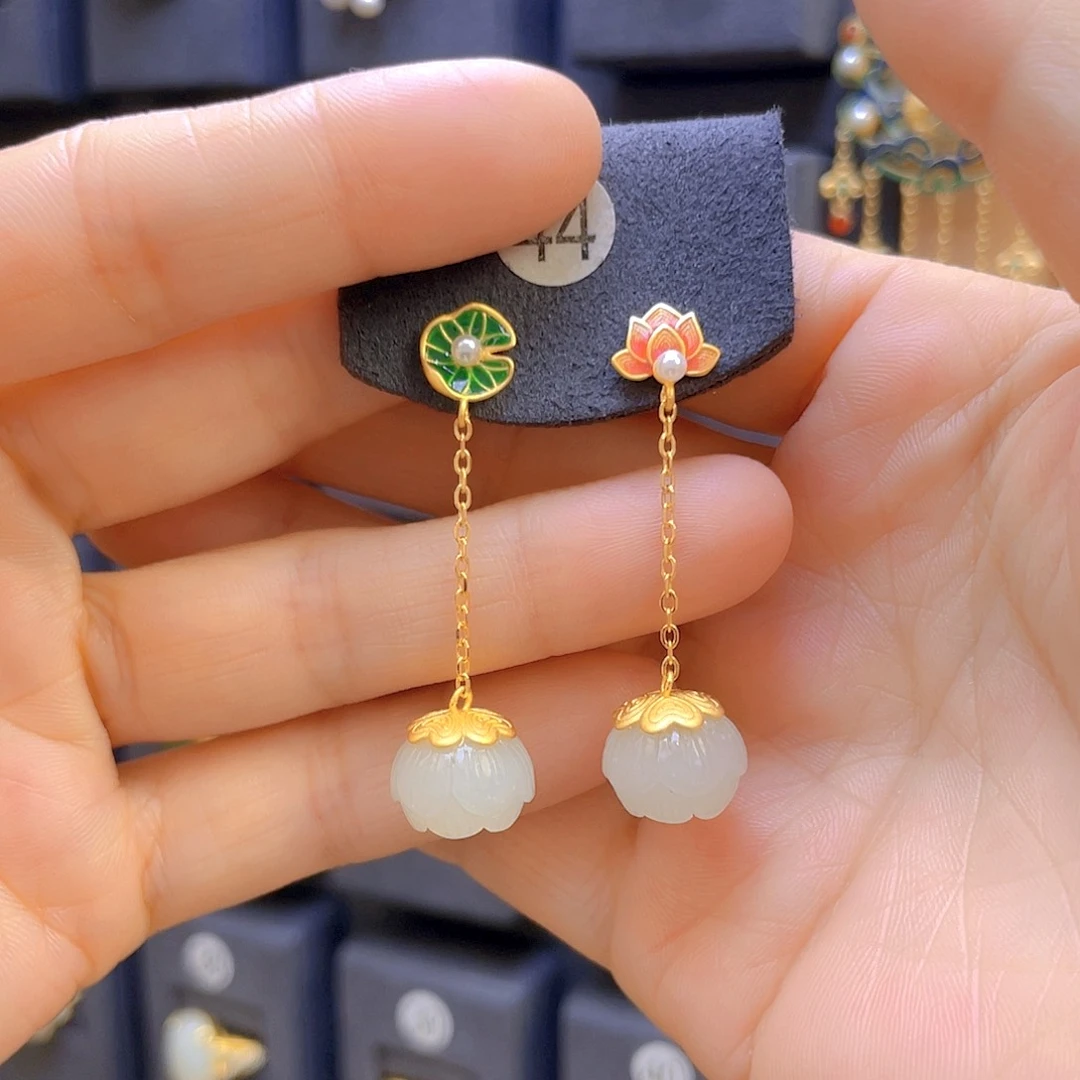 和田玉耳饰银S925镀金镶嵌