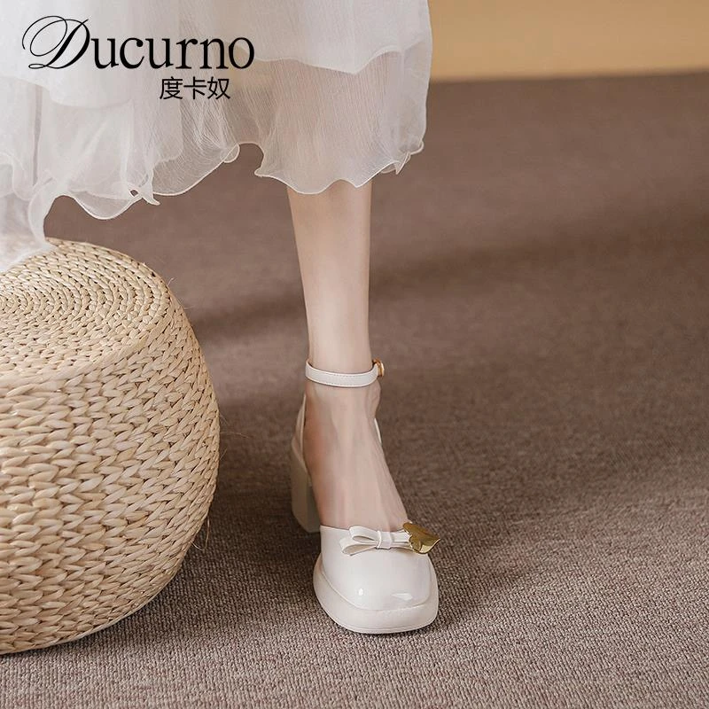 时尚仙女风中空玛丽珍单鞋女2025新款真皮粗跟高跟鞋气质包头凉鞋