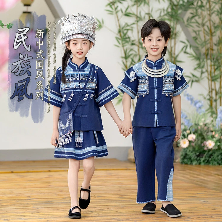 广西三月三短袖汉服套装中国风刺绣少数名族壮族侗族傣族舞蹈服装