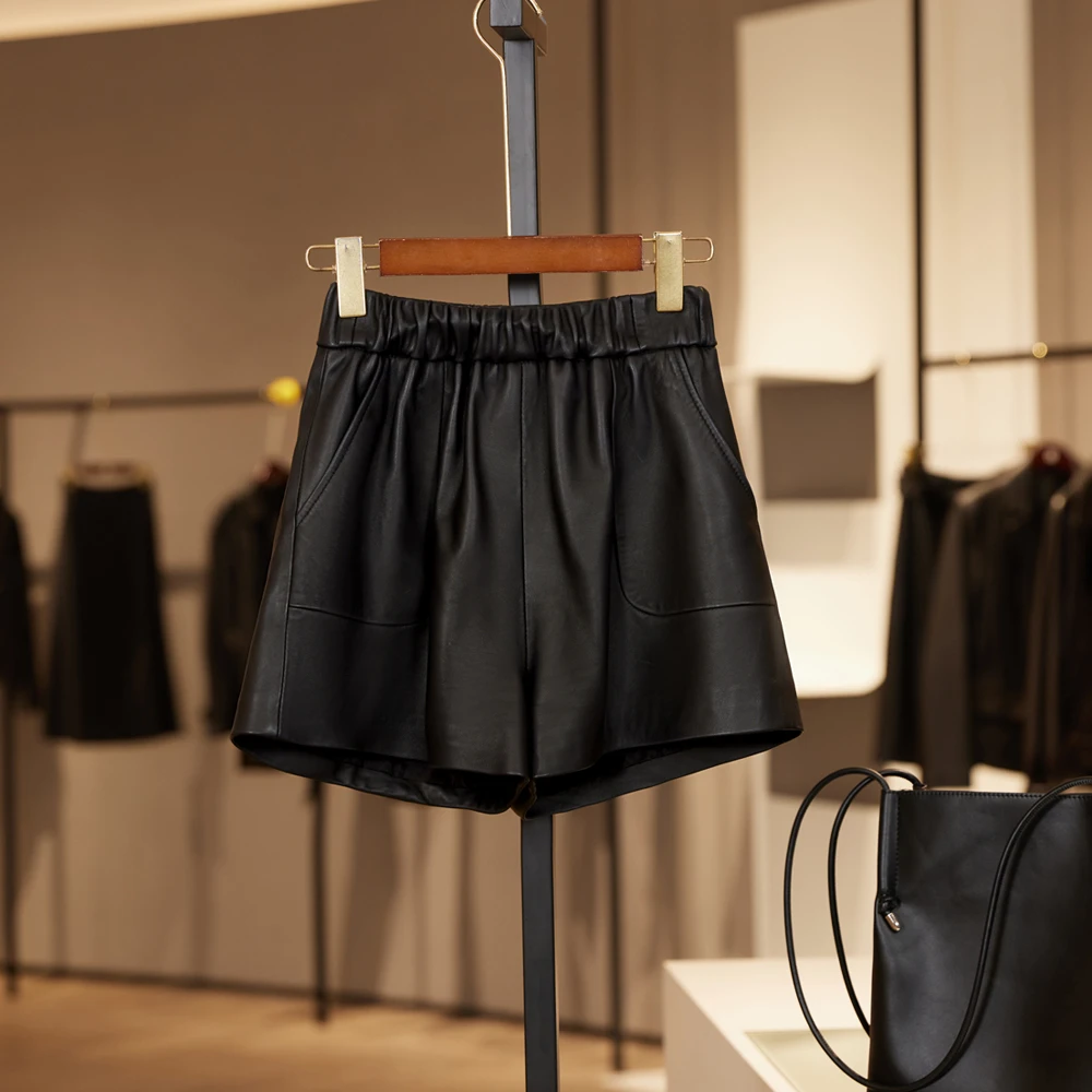 【纯皮短裤女】2025春季新款松紧高腰短裤修身显瘦纯色百搭休闲裤