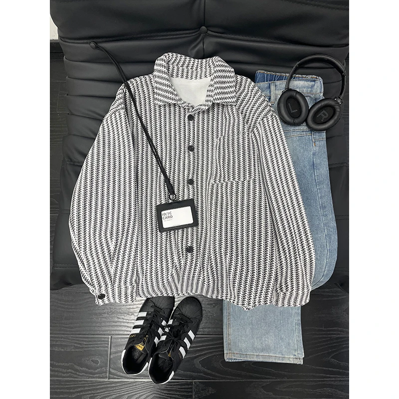 条纹衬衫外套男款秋冬季加绒加厚保暖叠穿长袖夹克设计情侣衬衣