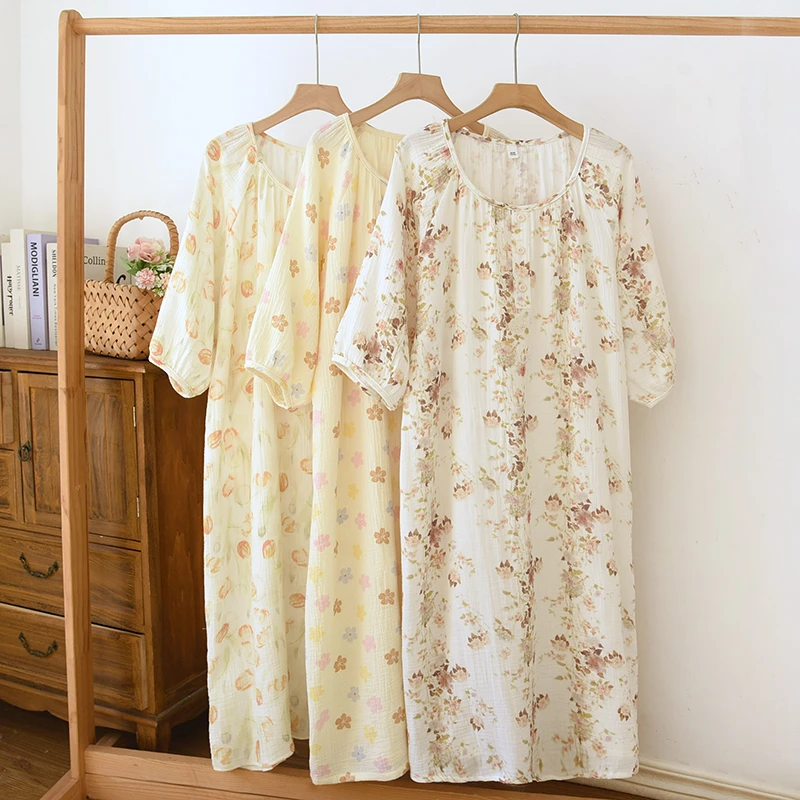 春季新款睡裙女纯棉纱布家居服中长款连衣裙甜美韩版宽松中袖睡衣