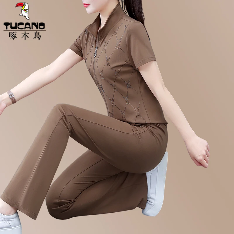 啄木鸟拉链短袖运动套装女2025新款中老年女装妈妈夏装冰丝两件套