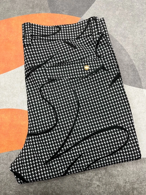 夏季男士黑色千鸟格提花中高腰修身小直筒休闲裤时尚百搭