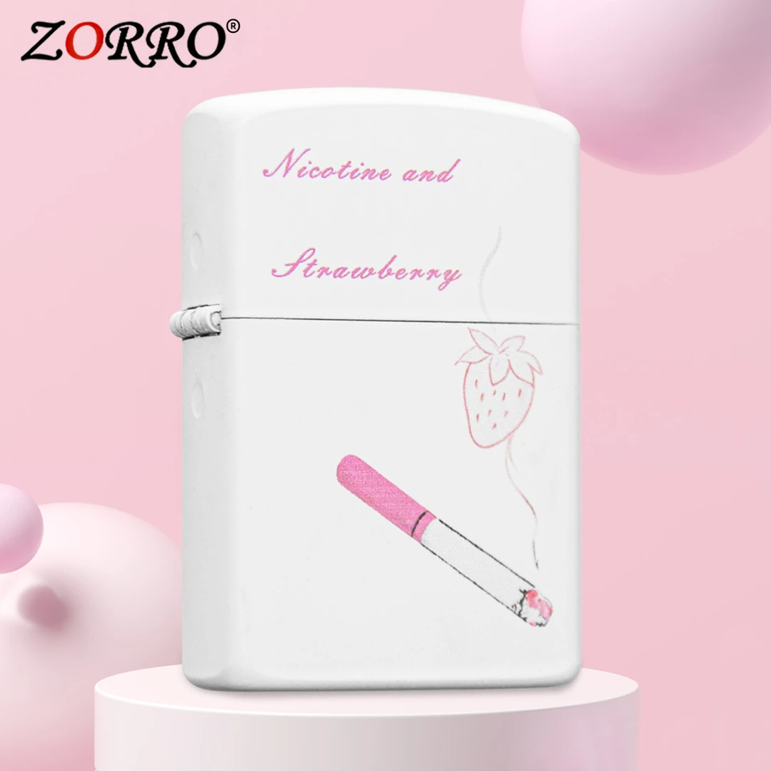 ZORRO翻盖白色创意粉烟雾草莓防风一代佐罗打火机送男友老公礼物