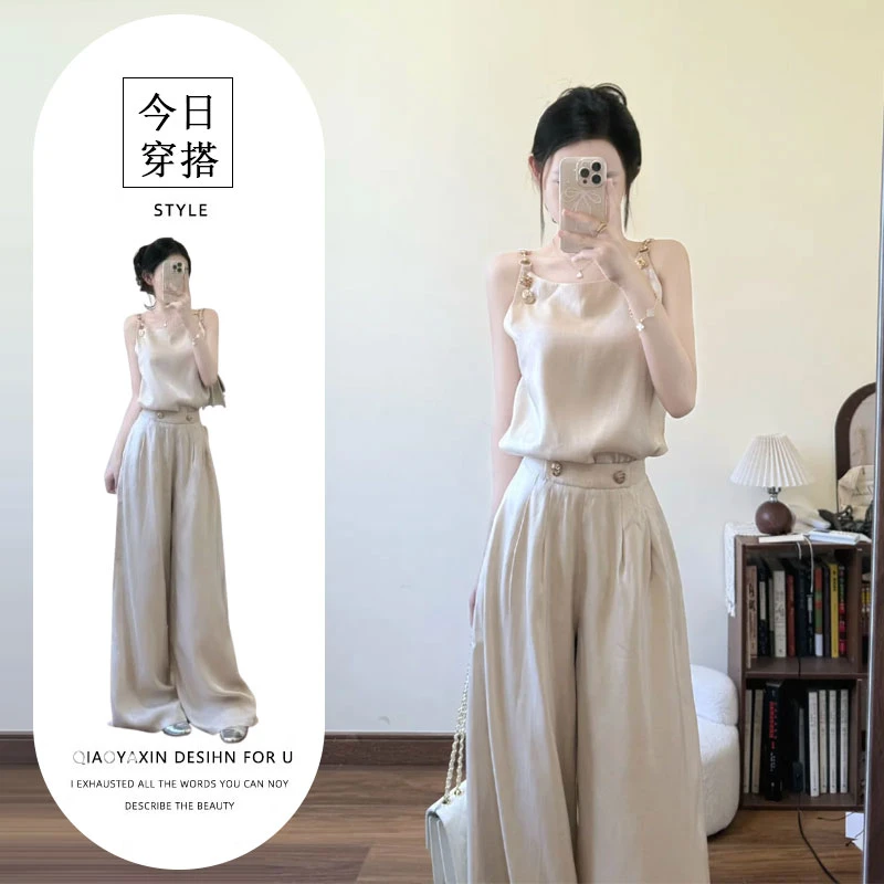2025夏季超火穿搭套装女法式松弛感轻奢无袖上衣气质阔腿裤两件套
