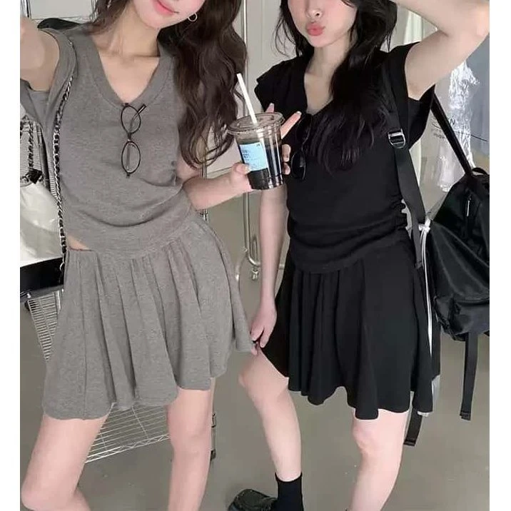 新款休闲柠檬绿茶V领短袖T恤+显瘦半身裙2025夏季新款减龄套装女