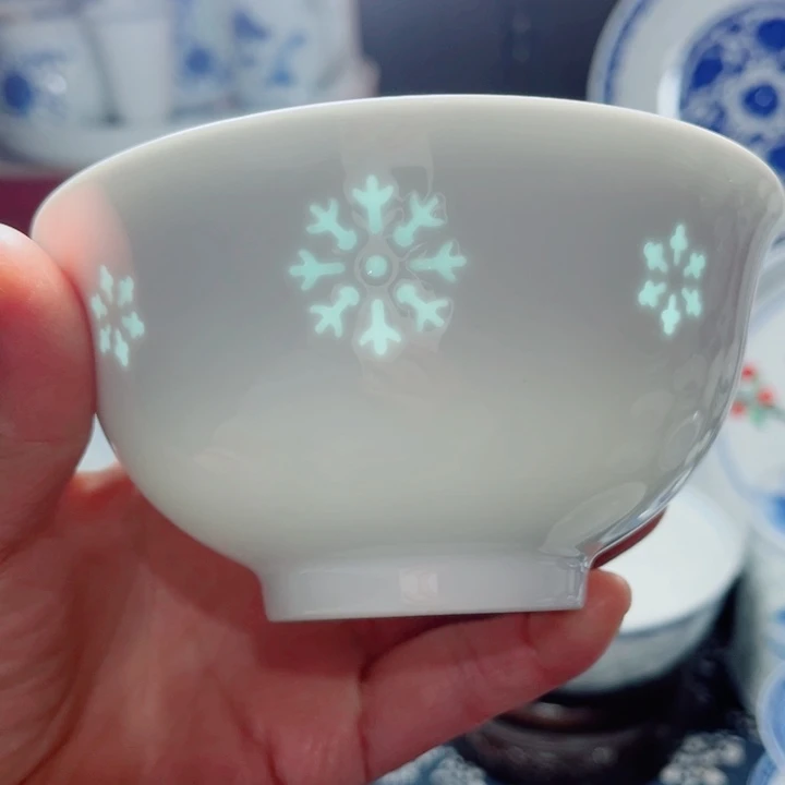 青花玲珑5寸饭碗雪花雕刻