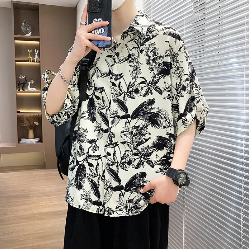 男士夏季短袖花衬衫青少年痞帅休闲港风宽松上衣冰凉丝滑薄款衬衣