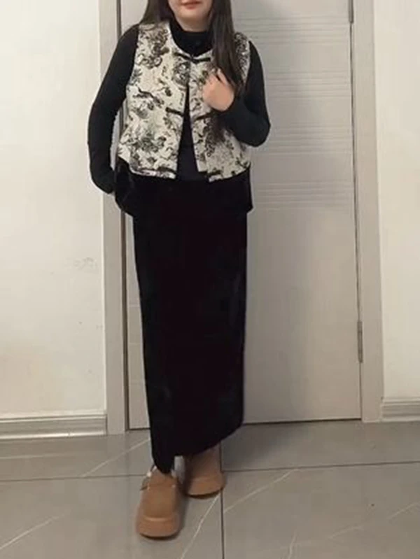 水墨国风夹棉立绒马甲+打底+半身裙三件套时尚显示气质国风套装
