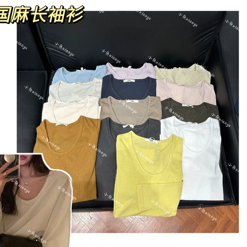 25138【韩国麻长袖衫】Y韩系进口面料纯色基础款长袖衫百搭显瘦防晒