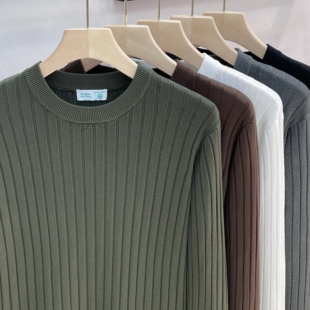 纯色内搭圆领毛衣男秋冬修身坑条提花针织打底衫男装长袖套头毛衫