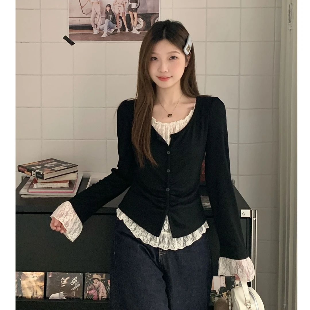 大码时尚韩版高级感气质打底衫T恤胖MM设计感蕾丝拼接假两件上衣