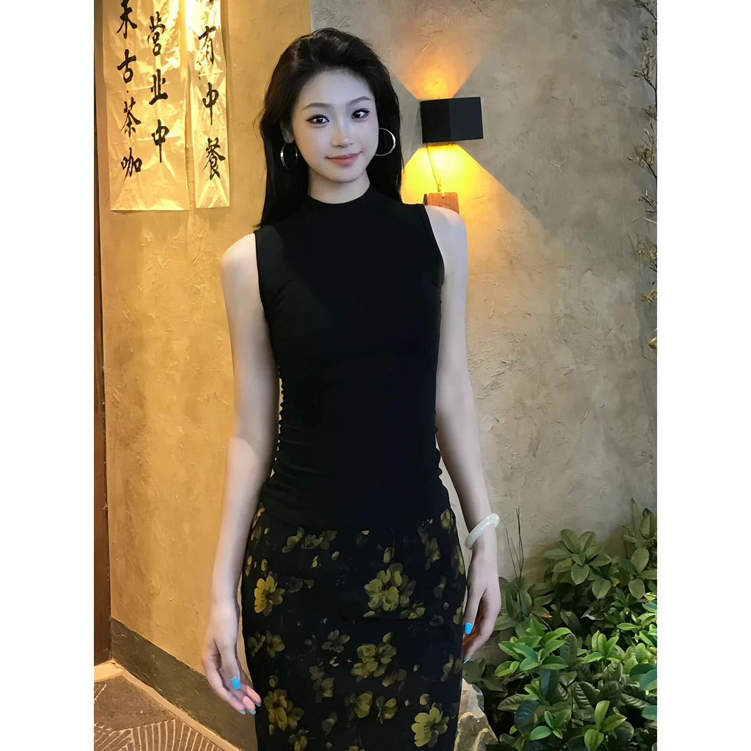 黑色无袖小半高领吊带背心女韩范紧身内搭打底衫外穿百搭女士5770