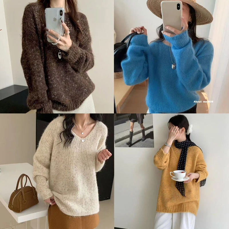 《梨可》010-050秋冬女装长毛马海毛衣慵懒风宽松长袖春秋冬季针织