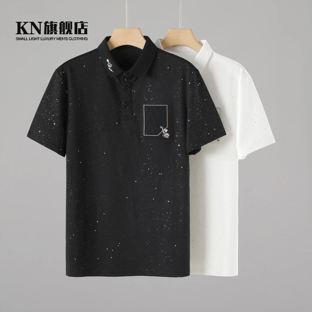 韩版潮流满天星胸口植物花卉刺绣点缀男士POLO衫透气时尚百搭短袖