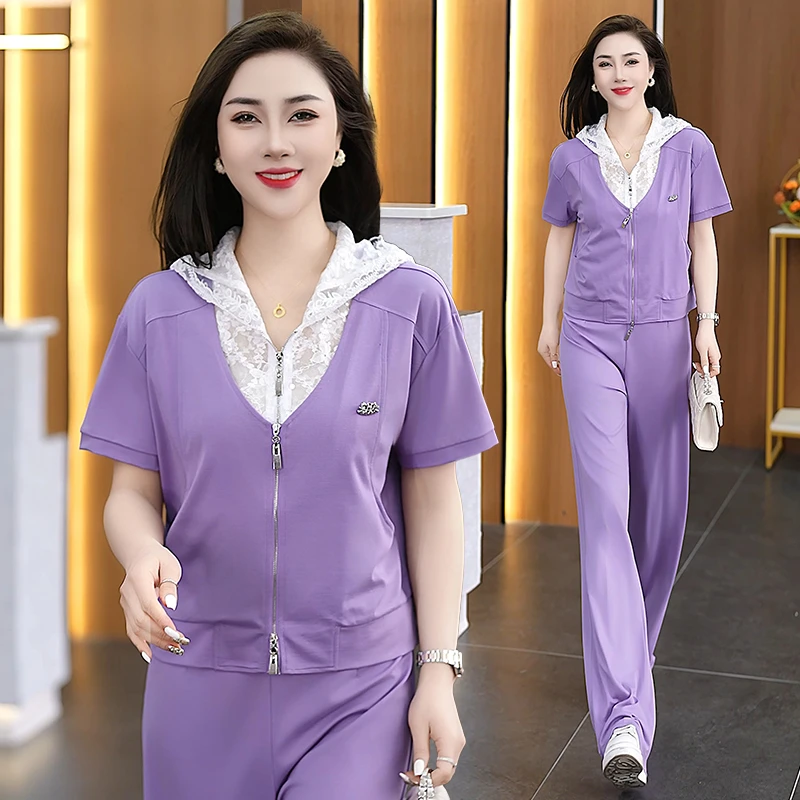 休闲运动套装女2025新款夏季洋气蕾丝拼接短袖连帽衫跑步服两件套