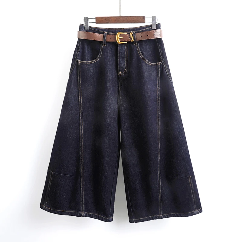 2025春秋新款时尚百搭腰带高腰显瘦七分直筒阔腿牛仔裤女宽松休闲
