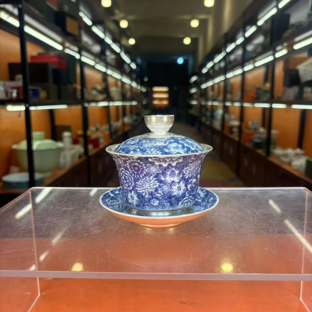 秋香茶具 青花缠枝莲银三才盖碗-4860