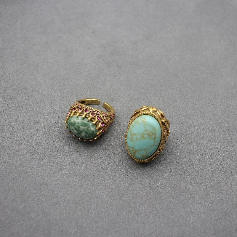 纯铜塑料戒指 中古戒指开口可调节高级感天然石仿松石戒指指环重