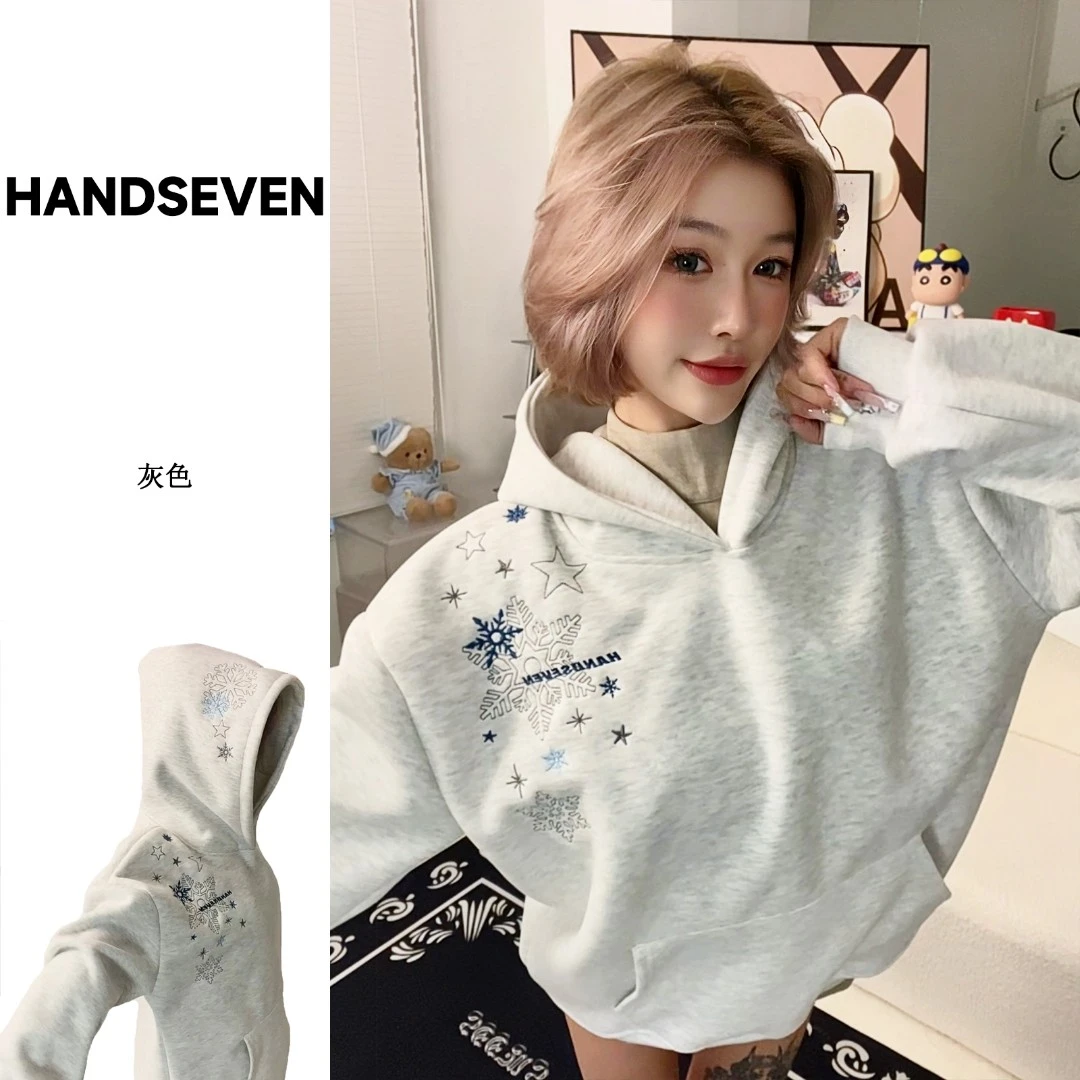 HandSeven美式秋冬雪花刺绣连帽卫衣宽松百搭休闲ins潮流帽衫上衣