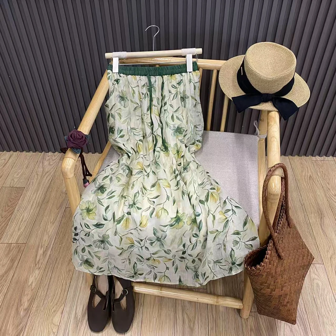 复古印花苎麻半身裙文艺宽松百搭碎花内衬显瘦中长A字裙女Q24079