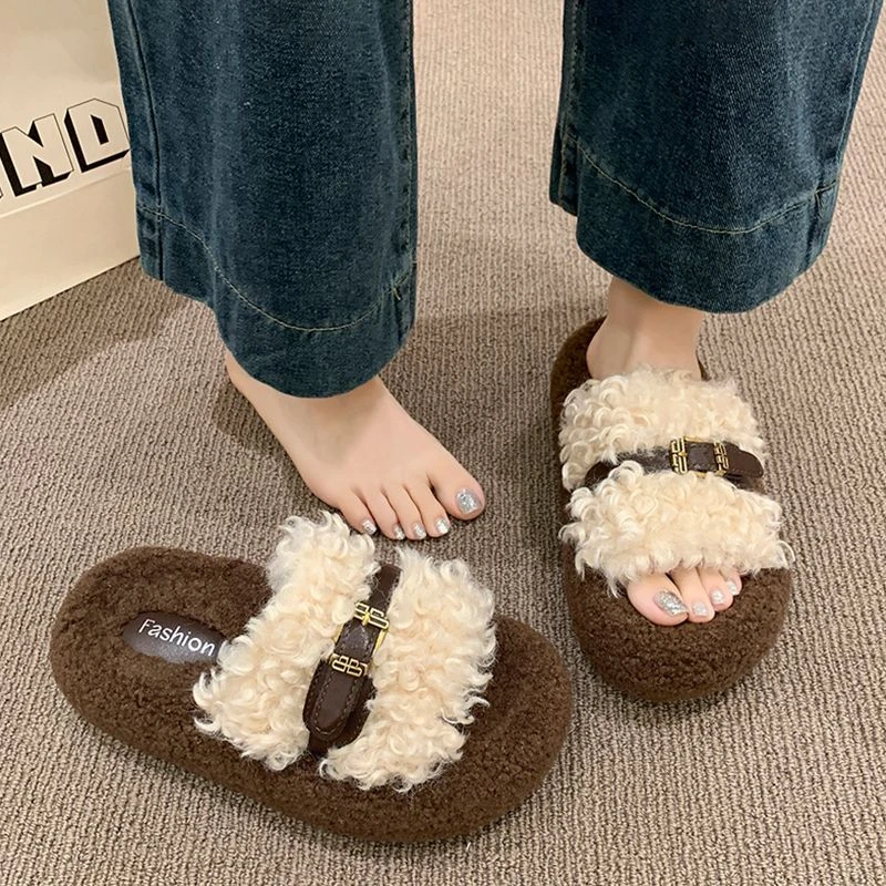 超火毛毛拖鞋秋冬女外穿网红卷毛皮带扣新款厚底一字拖显瘦毛毛鞋