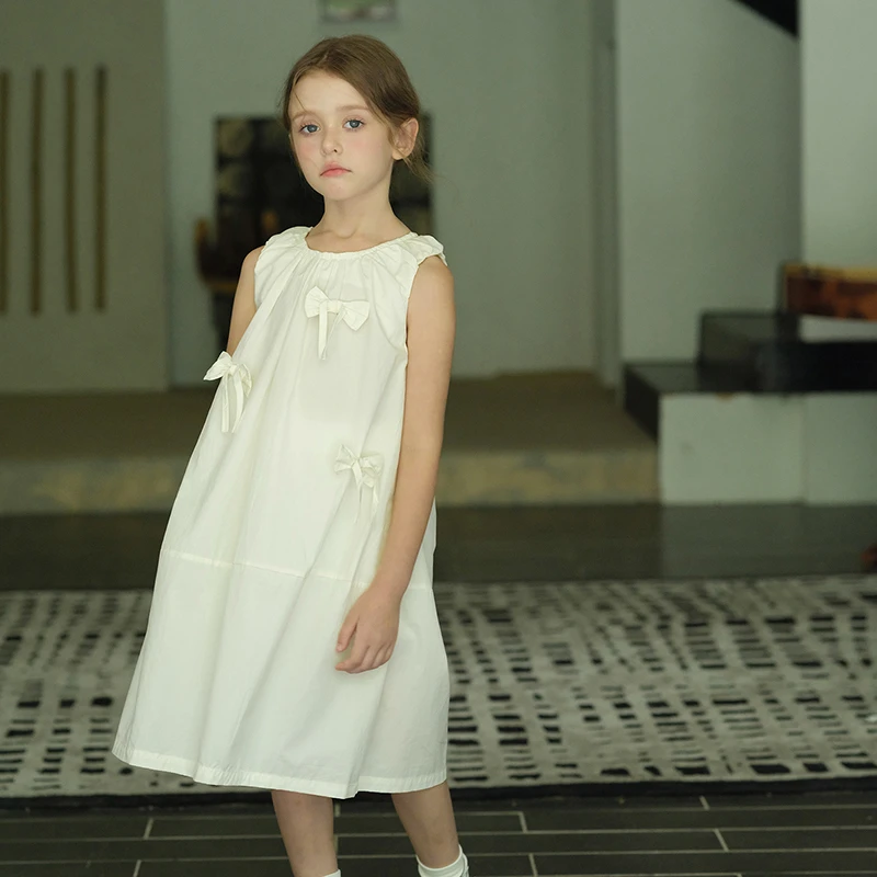 史豌豆女童奶油色蝴蝶结连衣裙 Y4347